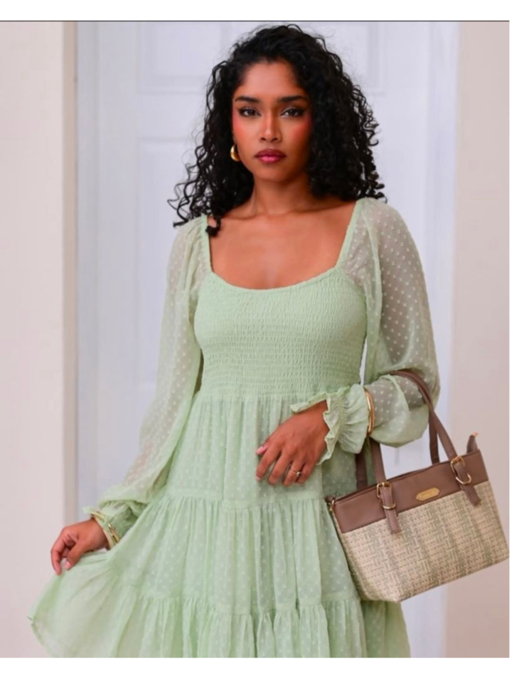 Patrons of Peace Babydoll Dress Women's M Green Swiss Dot Smocked Tiered Boho